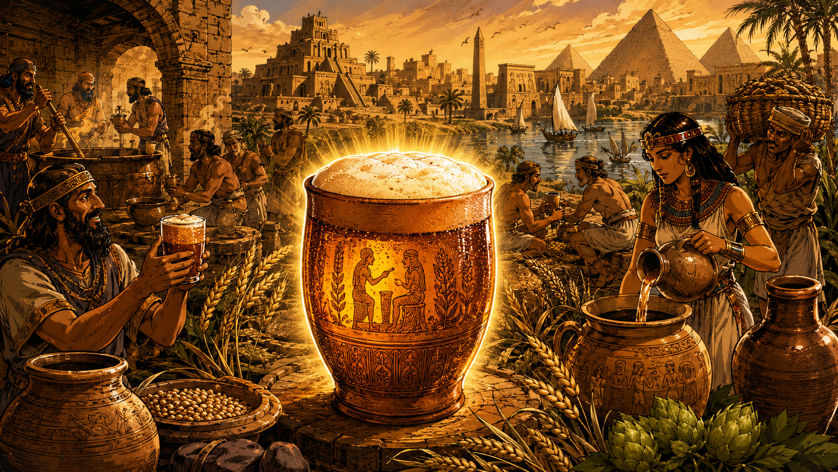 Ancient beer civilization with brewers, clay jars, and grain
