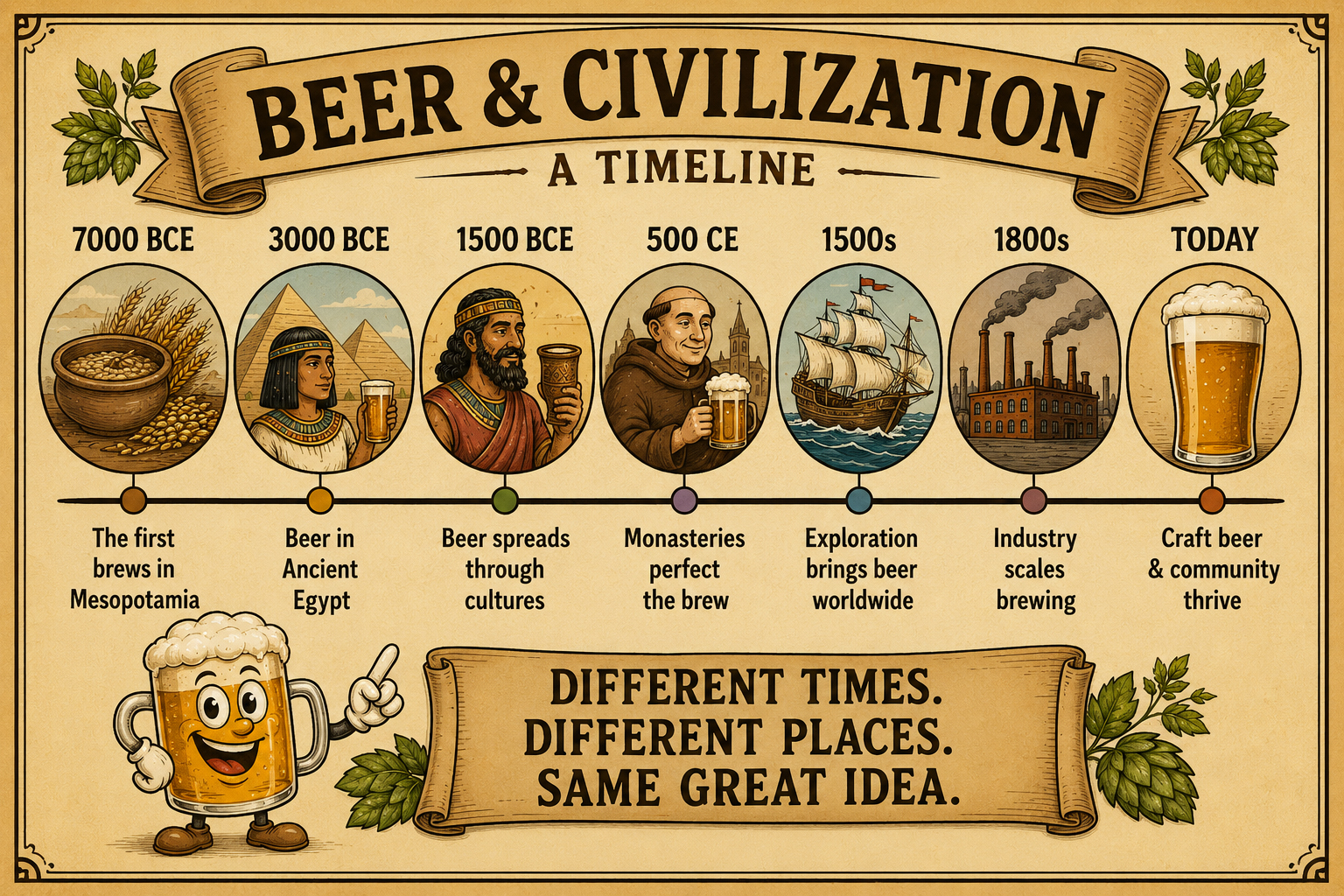 Beer and civilization timeline showing rations, workers, temples, cities, and brewing history