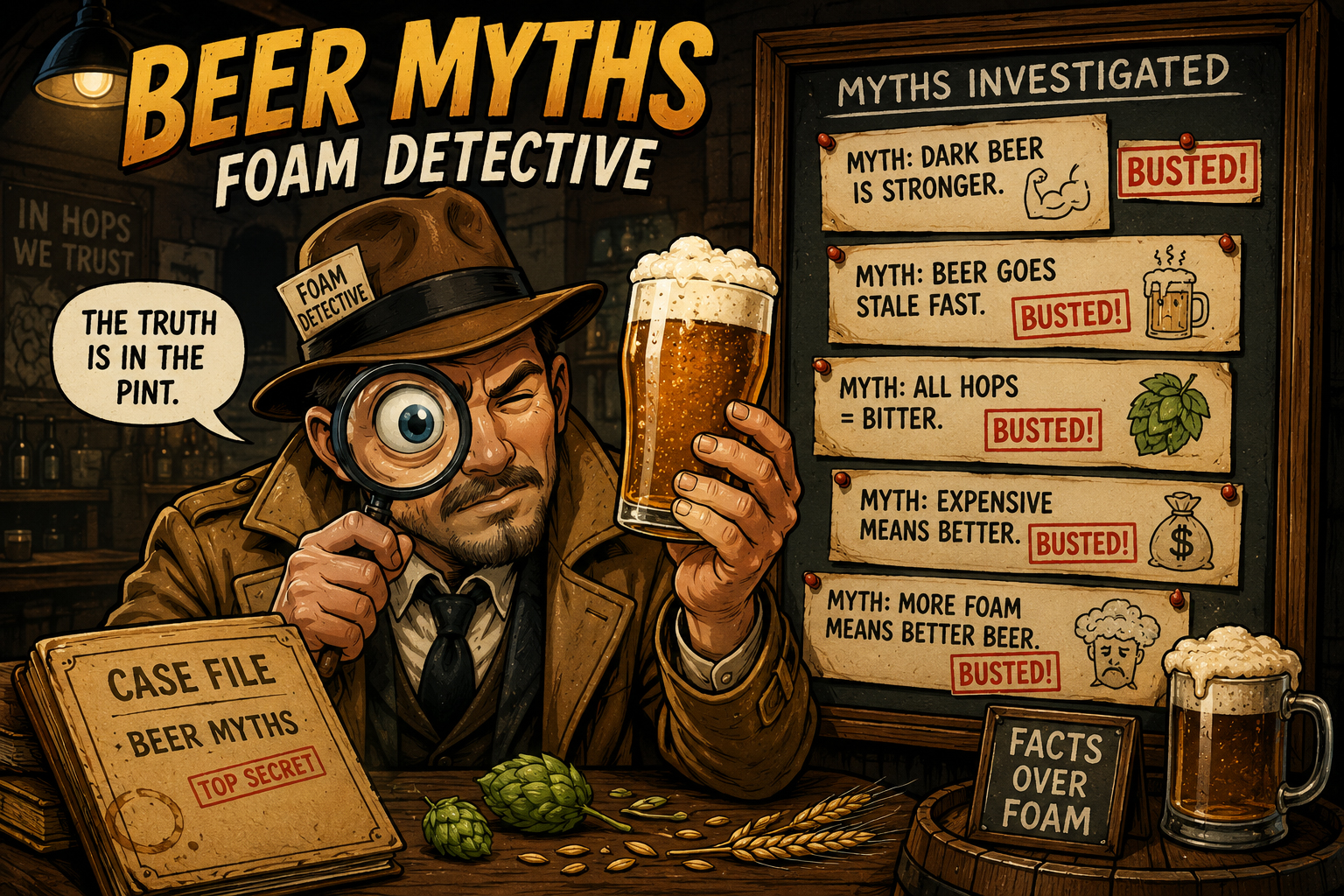 Foam Detective investigating beer myths with a magnifying glass and case files