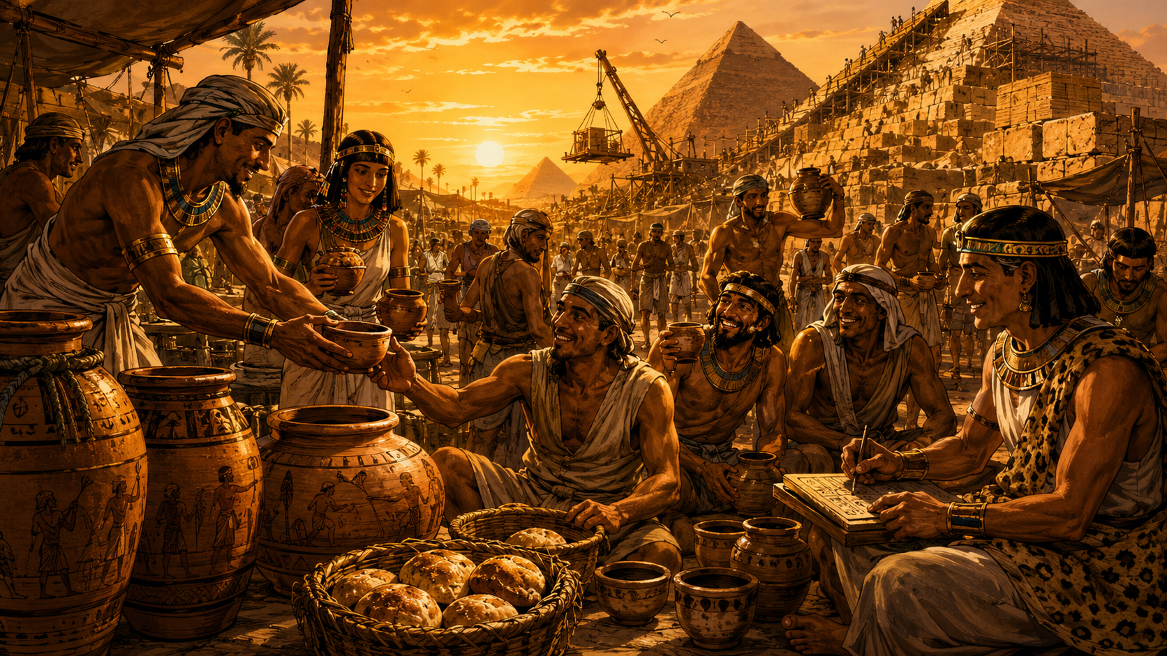 Pyramid workers receiving ancient beer rations near grain baskets and jars