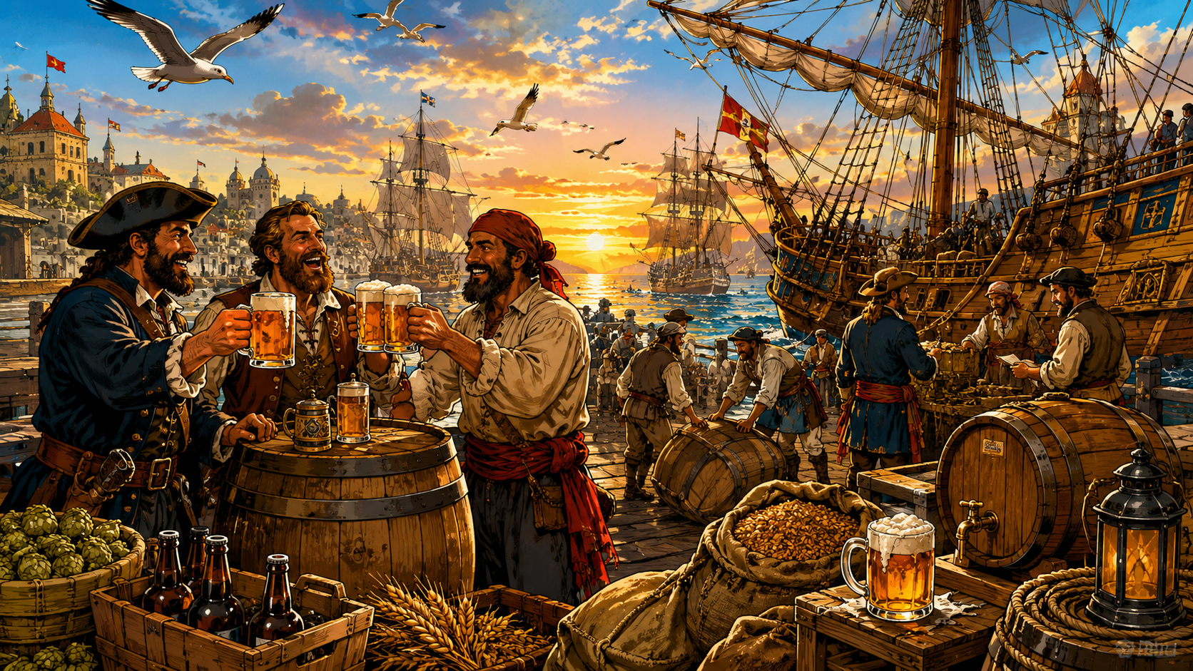 Ancient sailors carrying beer barrels and trade goods onto ships