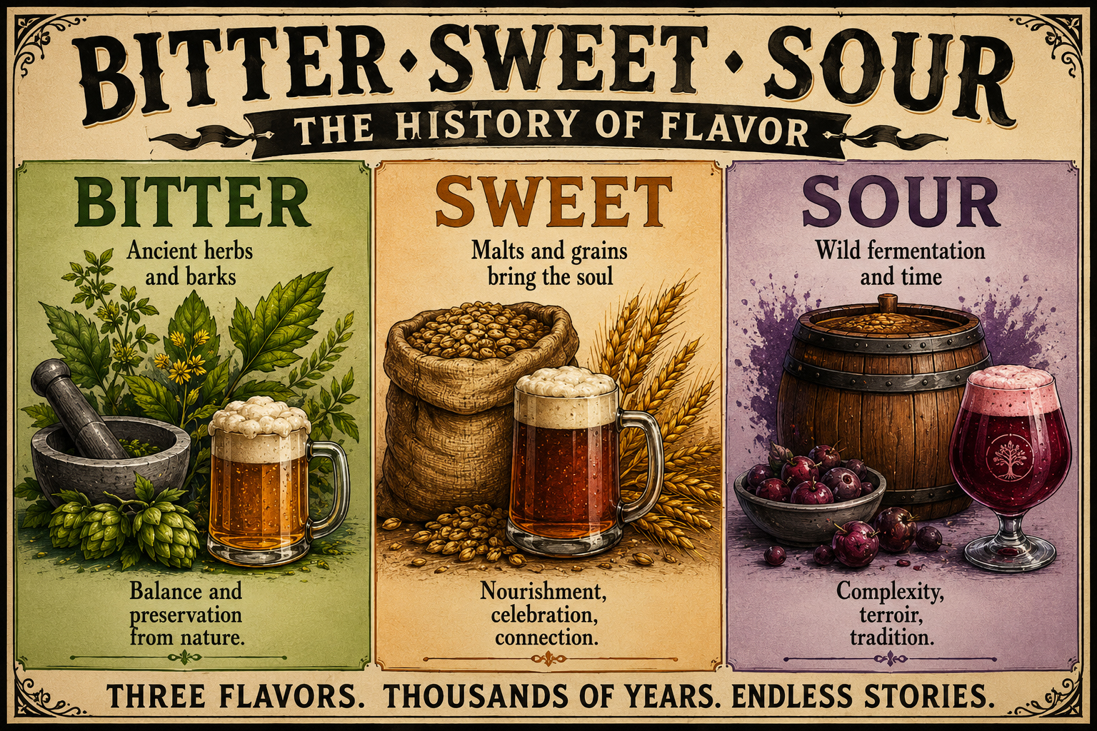 Bitter, sweet, and sour beer flavor history panel showing craft beer's wide flavor world