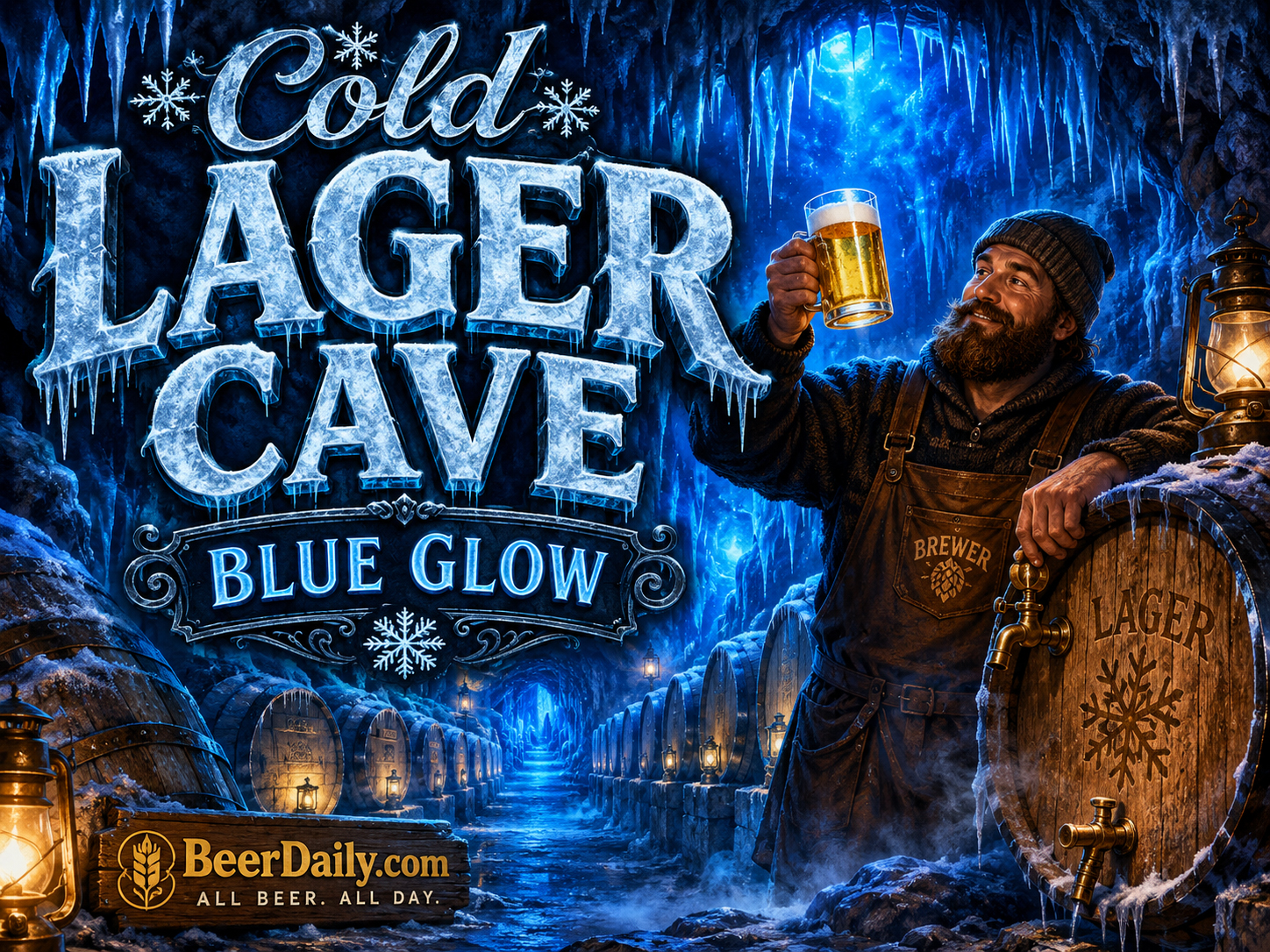 Cold lager cave glowing blue with barrels and ancient cellar atmosphere