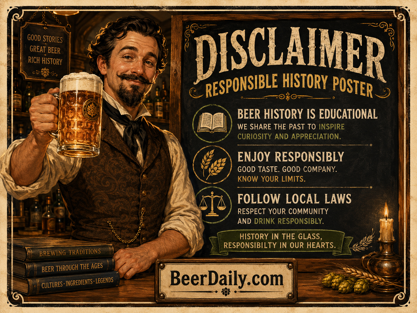 BeerDaily responsible history disclaimer poster with Professor Pint and Foam Detective