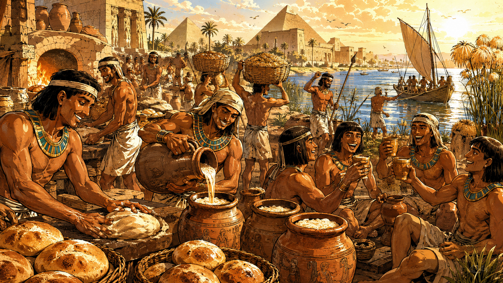 Egyptian bread beer scene with Nile workers, grain, jars, and warm sunset light