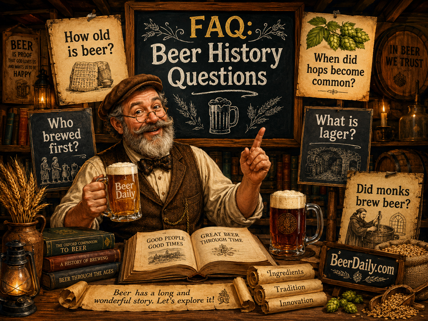 Beer history FAQ questions with books, mugs, scrolls, and Professor Pint energy
