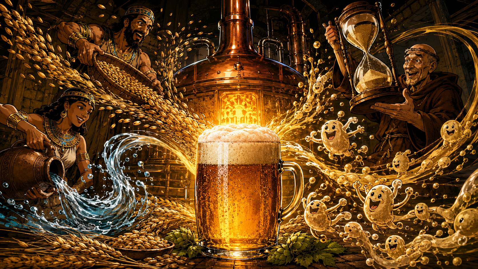 Grain, water, yeast, and time becoming beer in a glowing brewhouse