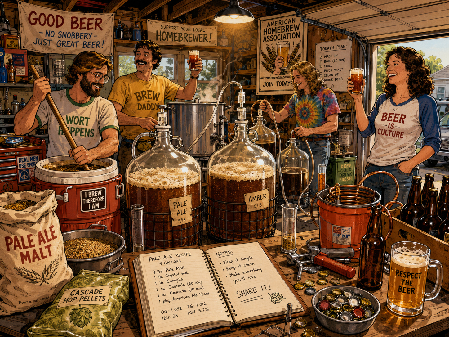 Homebrew revival with garage brewers, buckets, grain, yeast, and cheerful brewing chaos