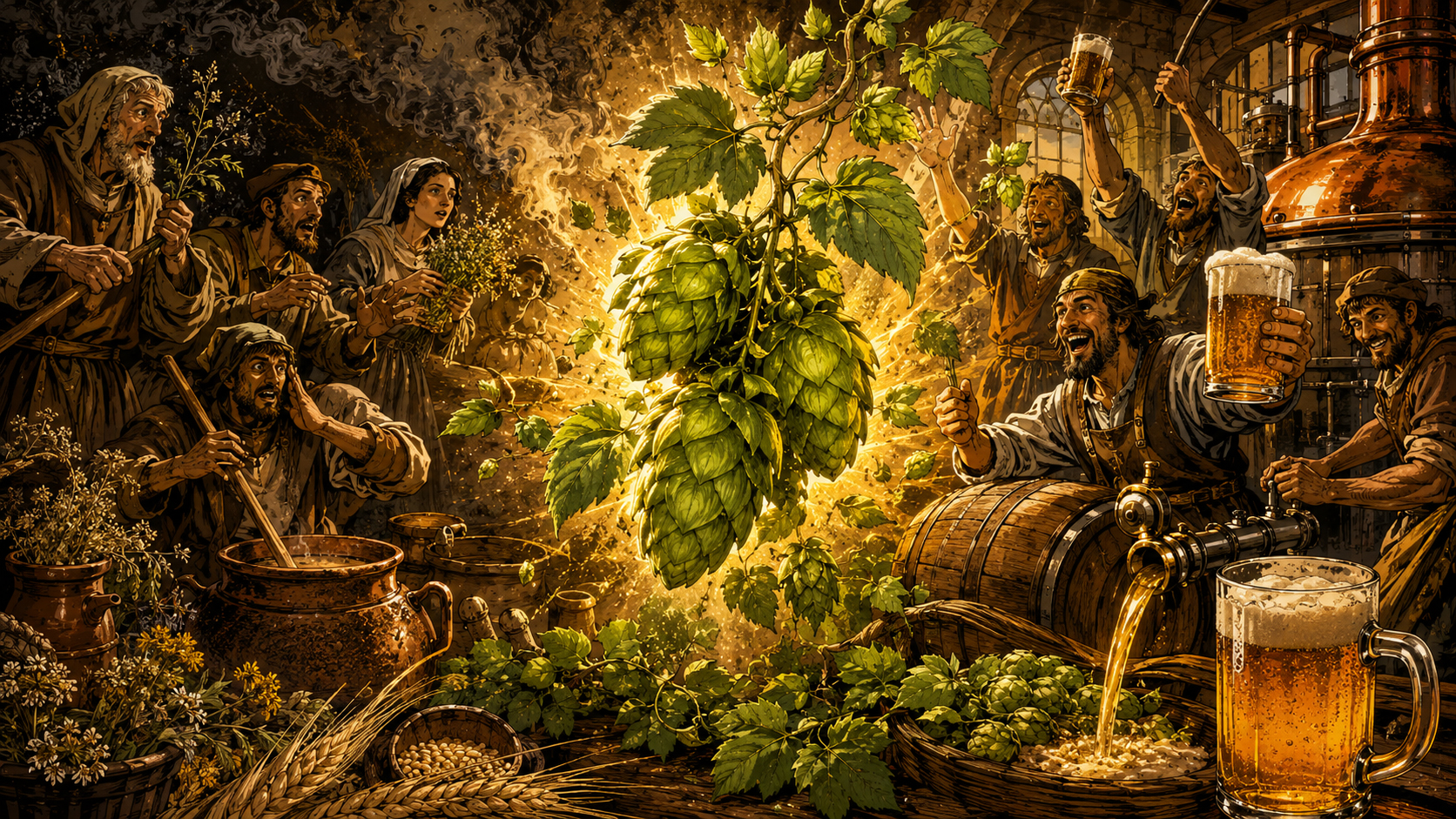 Hops changing beer history with brewers cheering around a glowing kettle