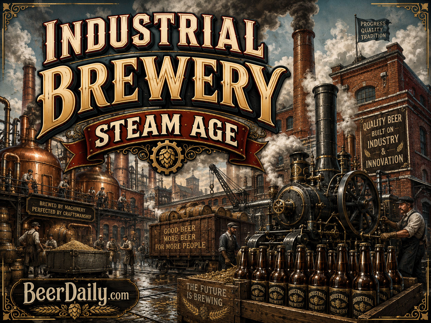Industrial steam age brewery with copper kettles, pipes, and workers