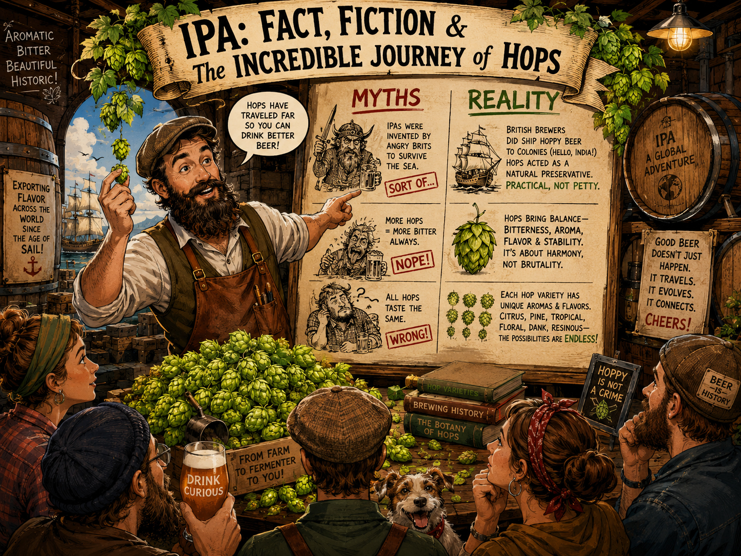IPA myths and hop history illustrated as a playful beer investigation