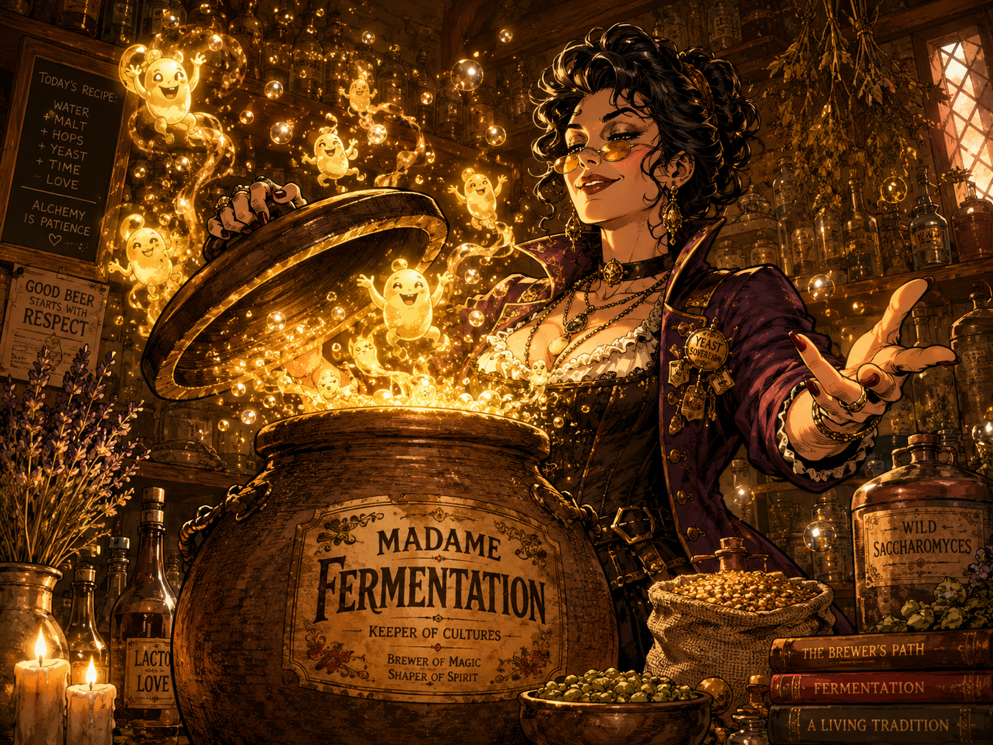 Madame Fermentation opening a magical ancient brewing jar with bubbling yeast spirits and golden light