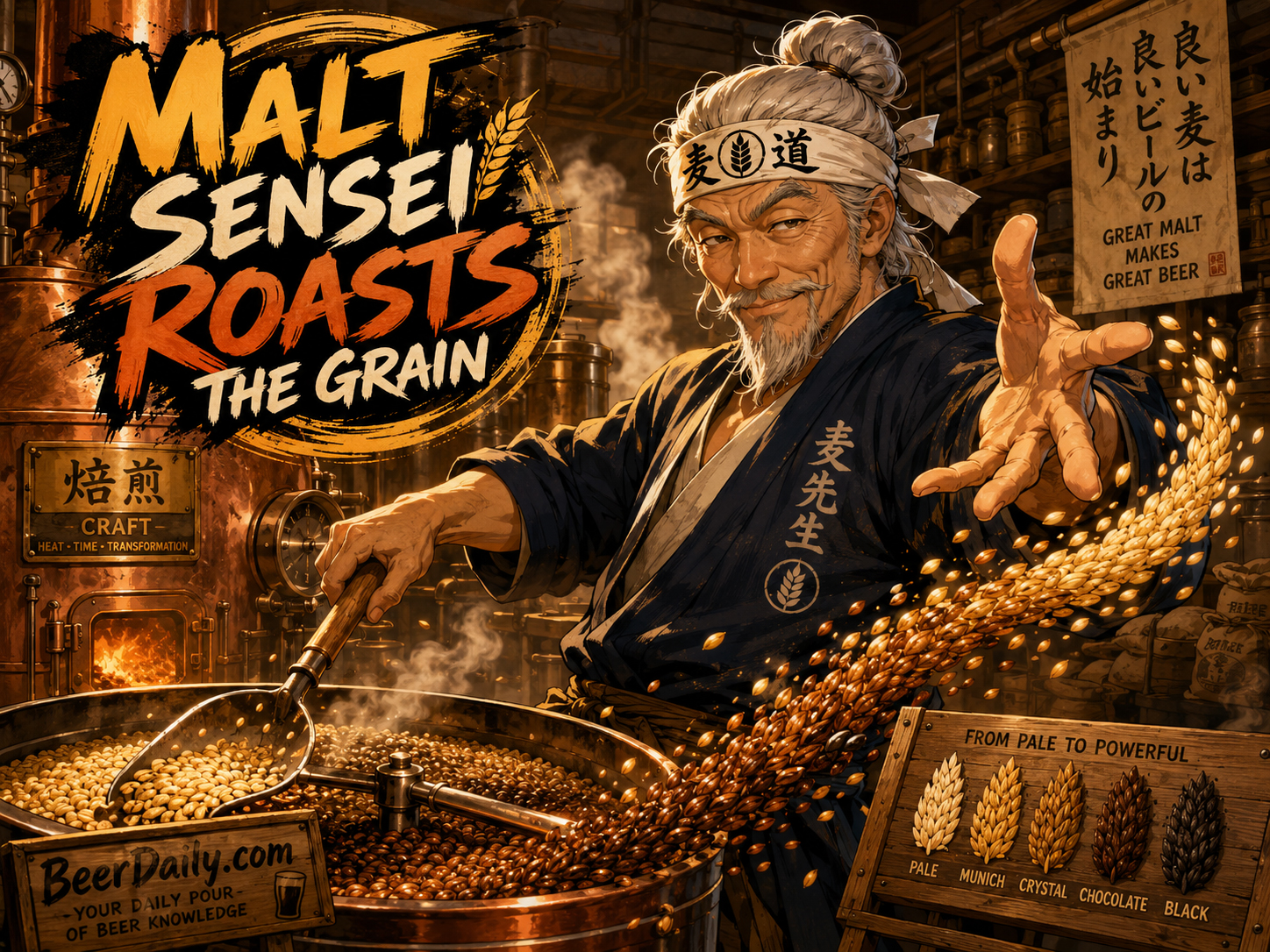 Malt Sensei roasts the grain and teaches Barley Boy about malt color and flavor