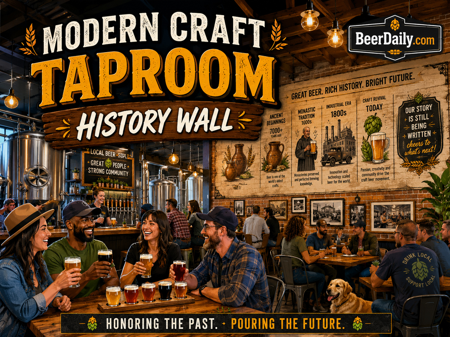 Modern craft taproom with beer history wall, brewers, tanks, and community gathering
