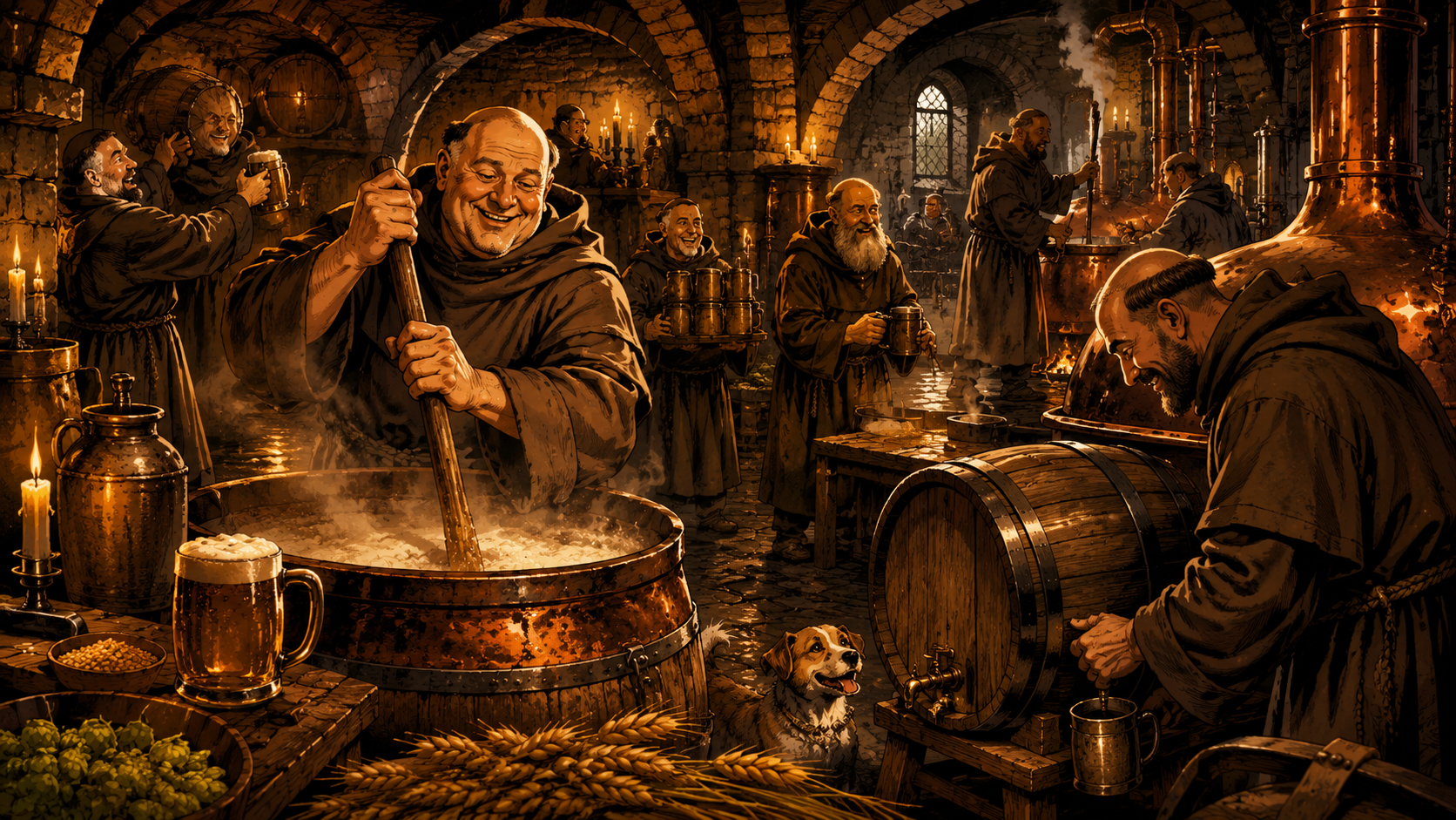 Monks brewing beer in an abbey cellar with copper kettles, barrels, and records