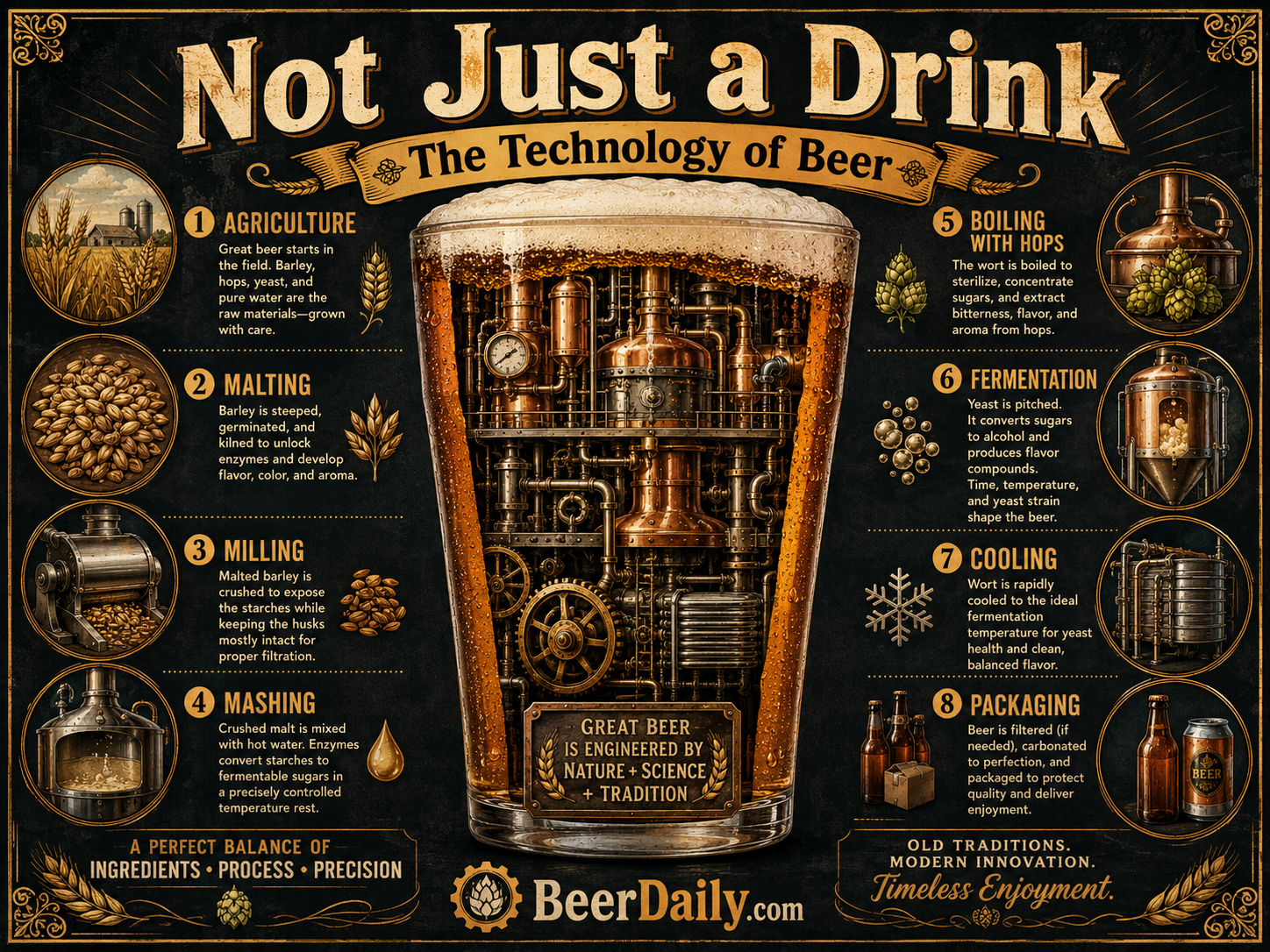 Beer as technology with brewing equipment, science, grain, and machinery