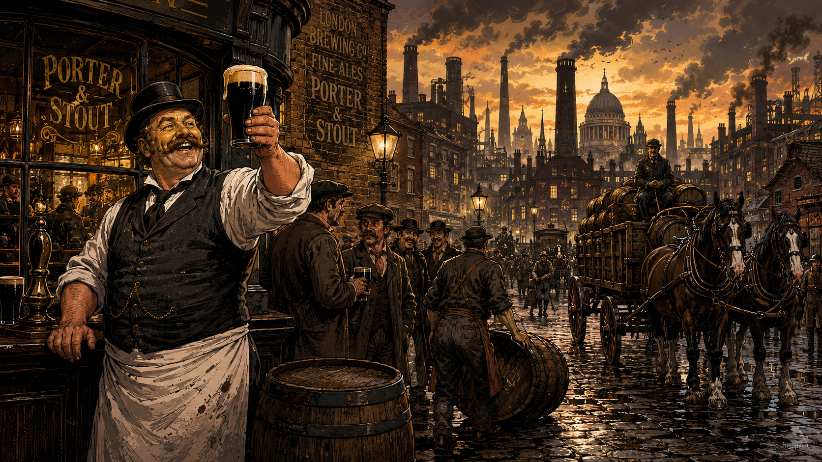 Industrial London brewing scene with porter, stout, smoky streets, barrels, and factory energy