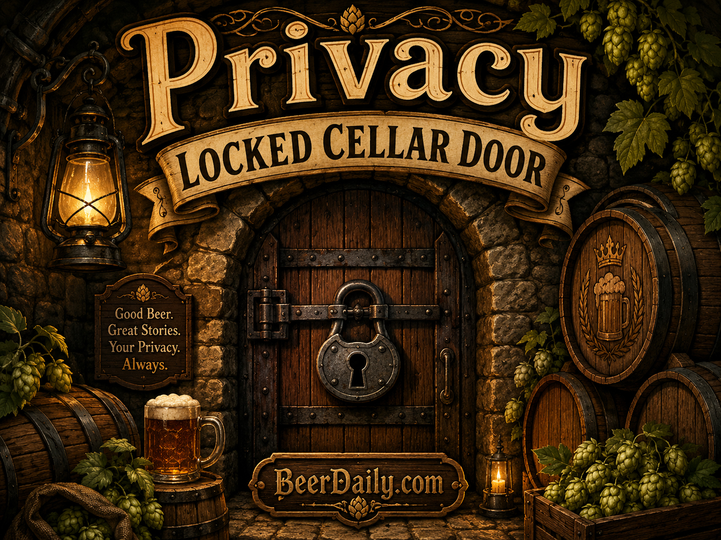BeerDaily privacy locked cellar door with warm amber light and secure history archive mood