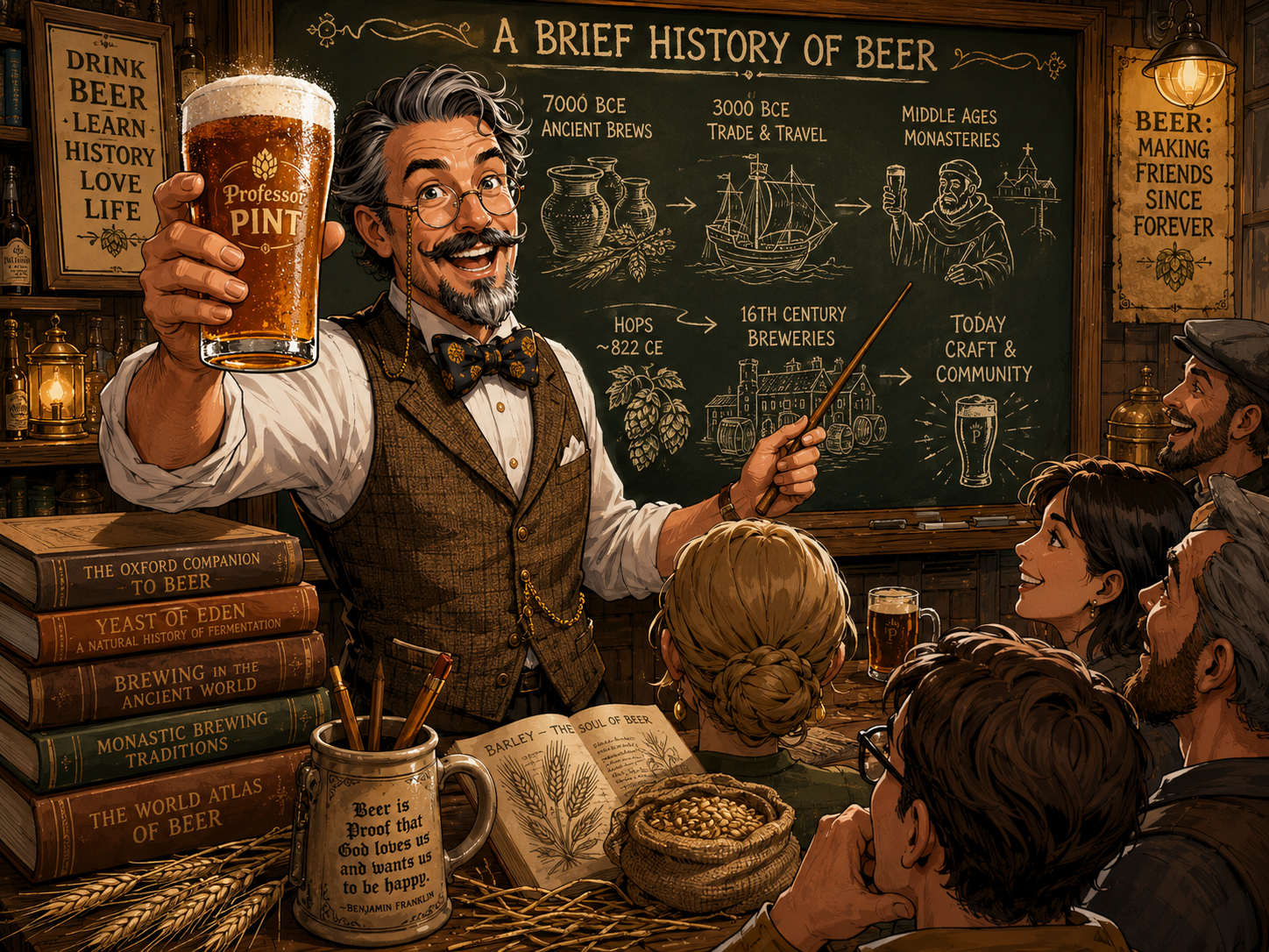 Professor Pint explains beer history with a chalkboard