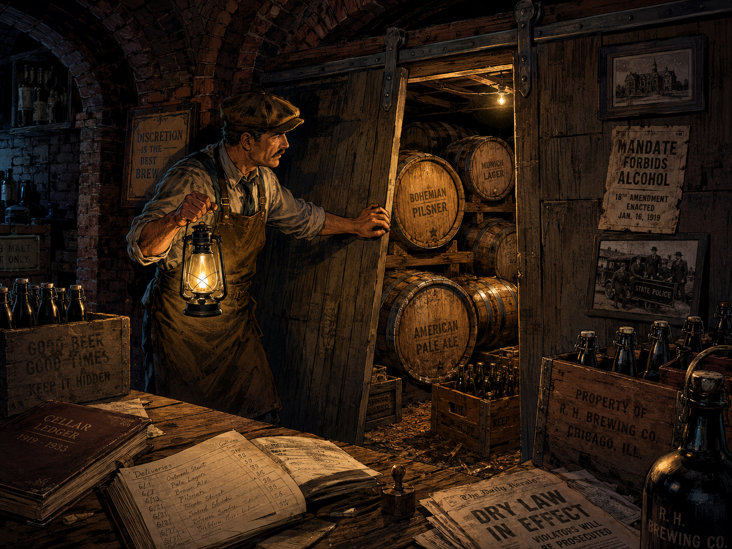 Hidden prohibition cellar with beer barrels, old newspapers, and secret storage