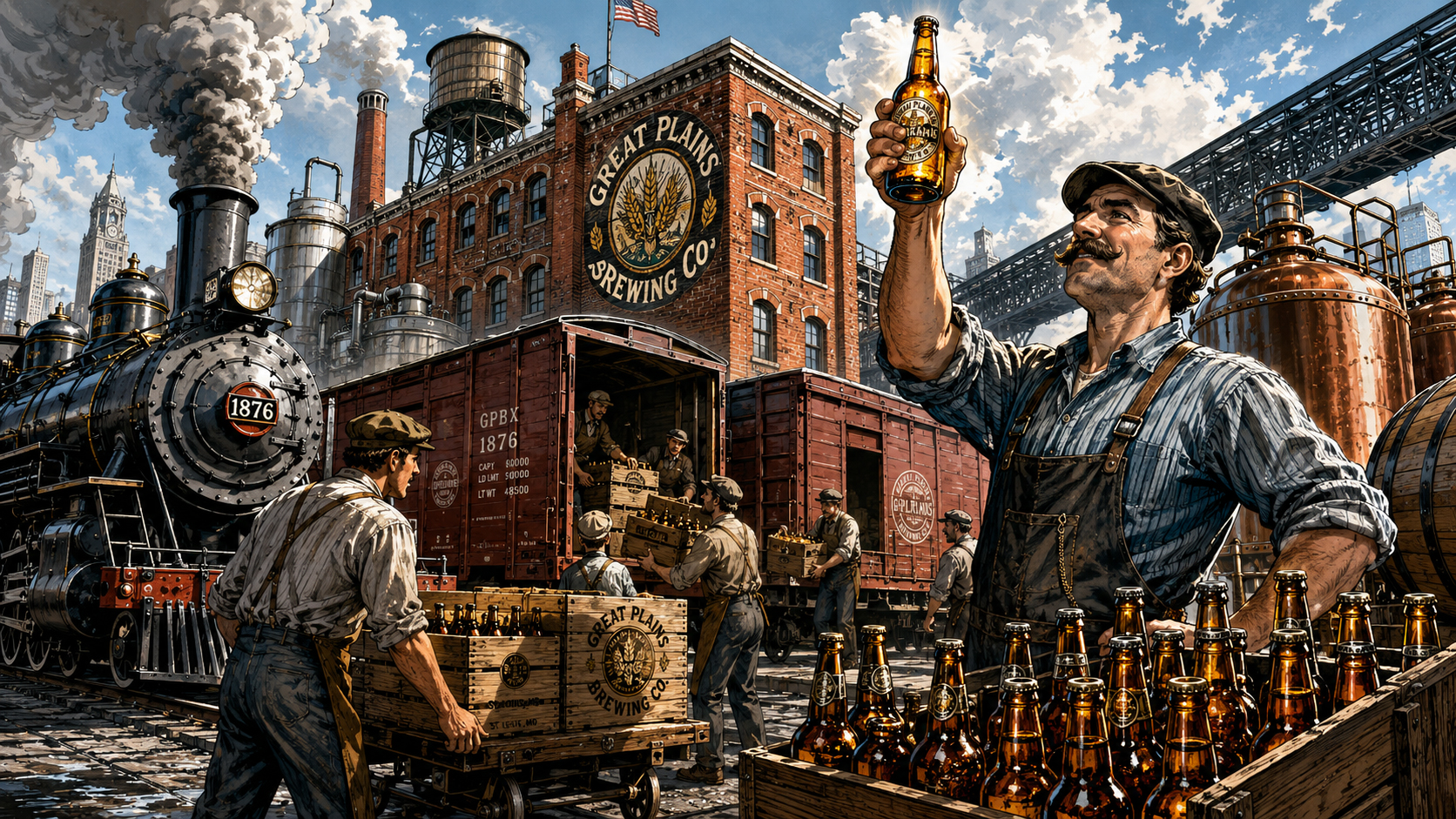 Railroads carrying beer barrels and glass bottles past a large industrial brewery