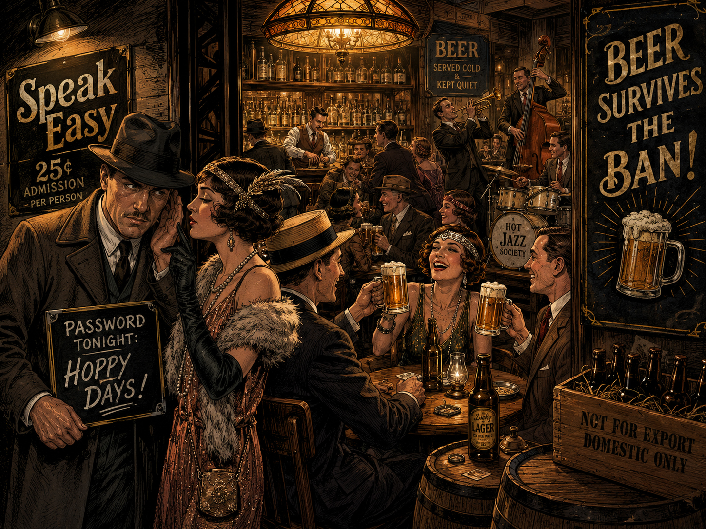 A secret 1920s speakeasy where beer survives the ban with hidden barrels and jazz-age mood