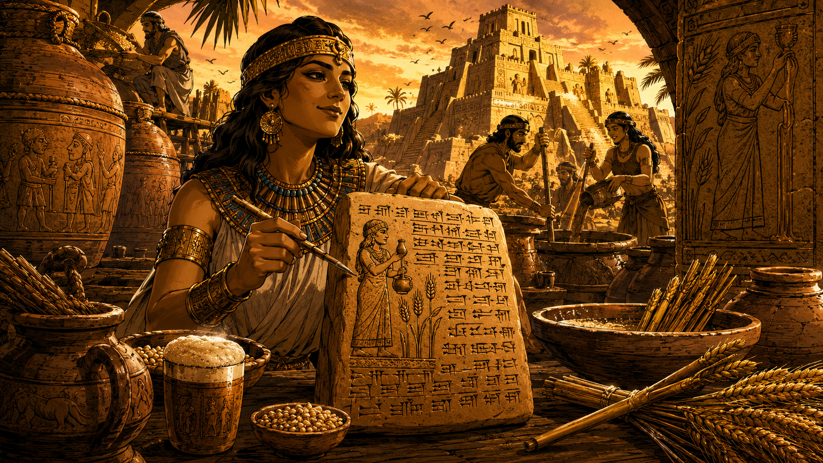 Sumerian beer tablet and Ninkasi-inspired brewing scene with clay jars