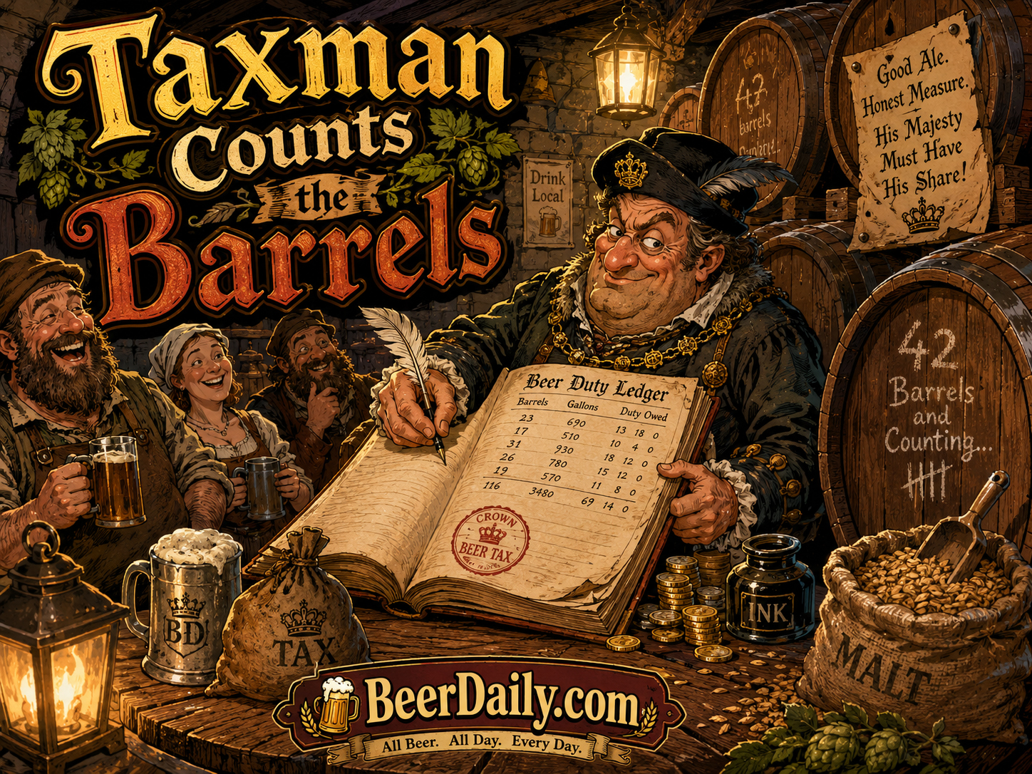A taxman counts beer barrels in a historical brewhouse with ledgers and comic tension