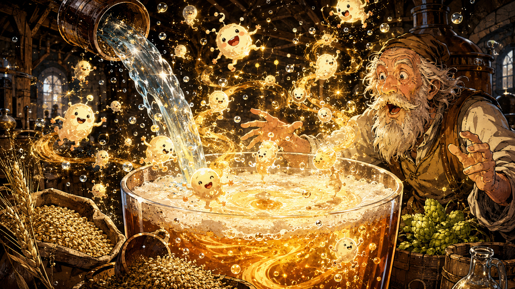 Wild yeast fermentation magic with whimsical microbes and bubbling ancient beer jars