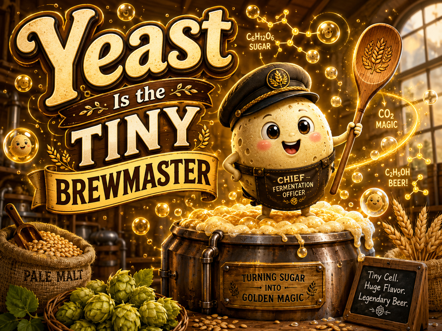 Tiny yeast brewmaster character directing fermentation bubbles inside a beer vat